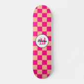 Skateboard à damiers pêche rose chaud rétro (Devant)