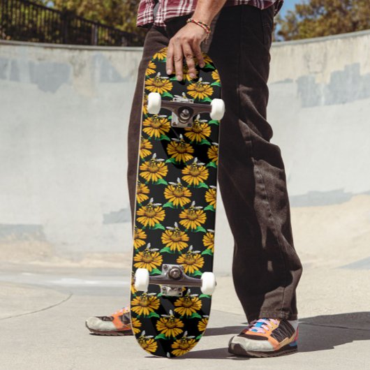 Skateboard Abeille sur Tournesol Fleur Motif Design Noir