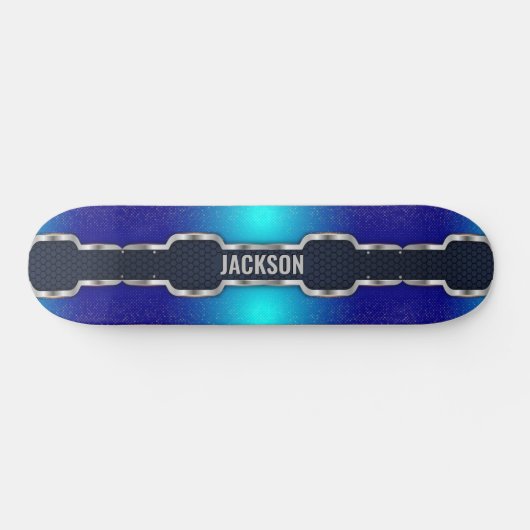 Skateboard Ajouter le nom Initiales, cadre bleu brillant noir (Horz)