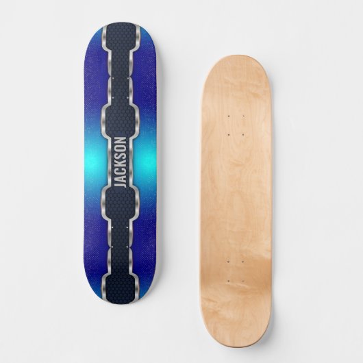 Skateboard Ajouter le nom Initiales, cadre bleu brillant noir (Recto)
