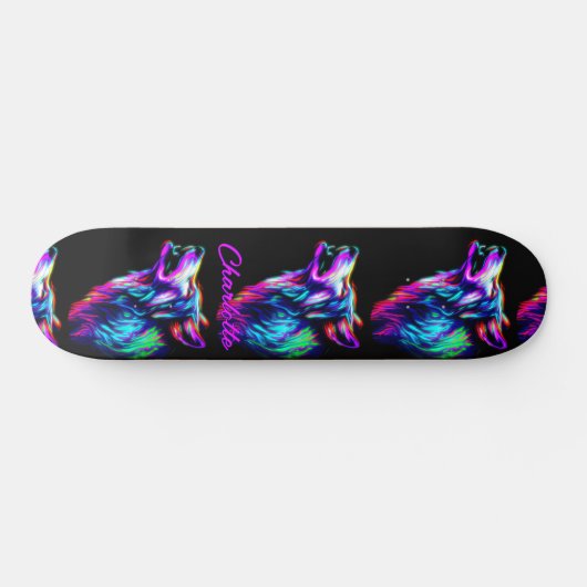 Skateboard Ajouter un nom, Loup de néon rose (Horz)
