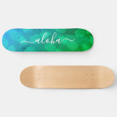Skateboard "Aloha" typographie cool bleu vert ananas ombre (Horz)