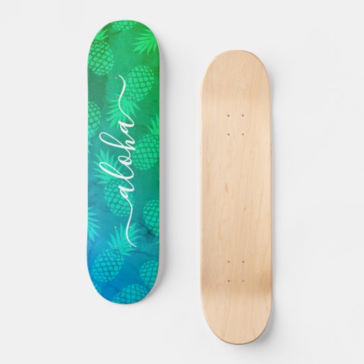 Skateboard "Aloha" typographie cool bleu vert ananas ombre (Recto)