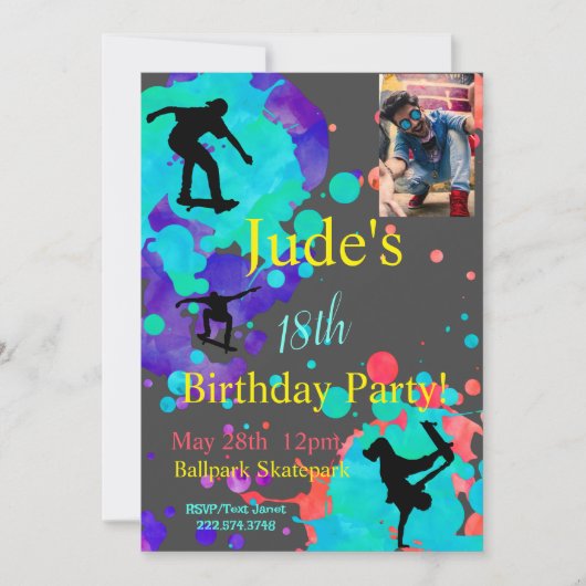 Skateboard Anniversaire Photo Invitation N'importe (Devant)