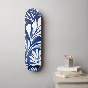 Skateboard Aquarelle Bleue Botanique Motif Floral
