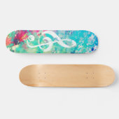 Skateboard Aquarelle bleue Turquoise Peinture Musique Note Cl (Horz)