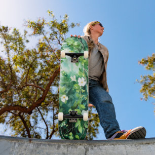 Skateboard Aquarelle botanique Fleurs blanches Feuilles verte