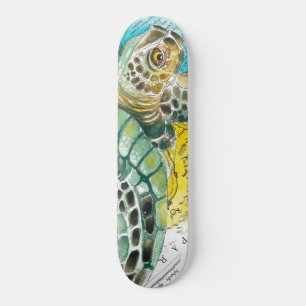 Skateboard Aquarelle de la tortue marine Carte Vintage blanc