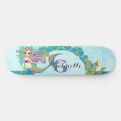 Skateboard Aquarelle mignonne de sirène Monogramme Turquoise (Horz)