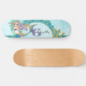 Skateboard Aquarelle mignonne de sirène Monogramme Turquoise (Horz)
