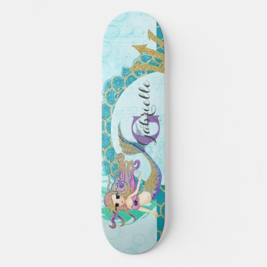 Skateboard Aquarelle mignonne de sirène Monogramme Turquoise (Recto)