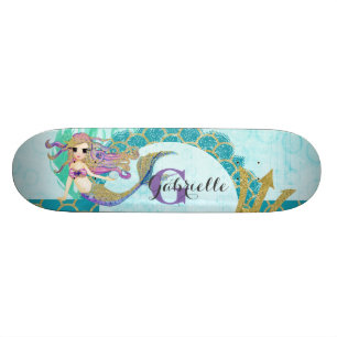 Skateboard Aquarelle mignonne de sirène Monogramme Turquoise 