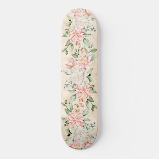 Skateboard Aquarelle Pêche Fleurs blanches Élégant (Recto)