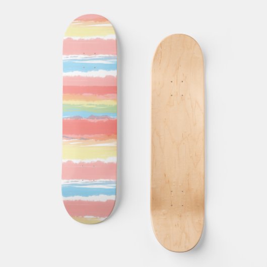 Skateboard Aquarelle rose bleu jaune blanc rayures (Recto)