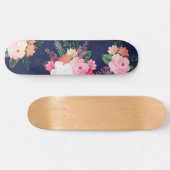 Skateboard Aquarelle rose Fleurs Design bleu (Horz)