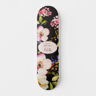 Skateboard Aquarelle Roses rose et jaune sur Noir, Anniversai