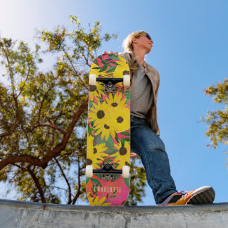Skateboard Aquarelle Tournesol motif floral rose + nom