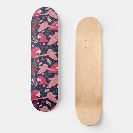 Skateboard Ara Parrot rouge rose dessin Tropical Leave Motif (Recto)