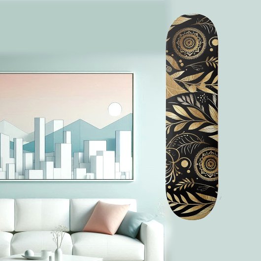Skateboard Art Abstrait Feuillage Doré Noir Minimal Boho Funk