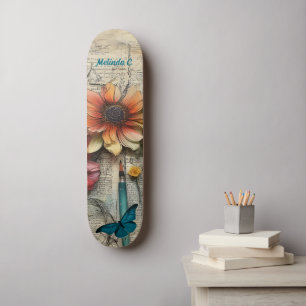 Skateboard Artsy Vintage Floral & Butterfly Skate Deck