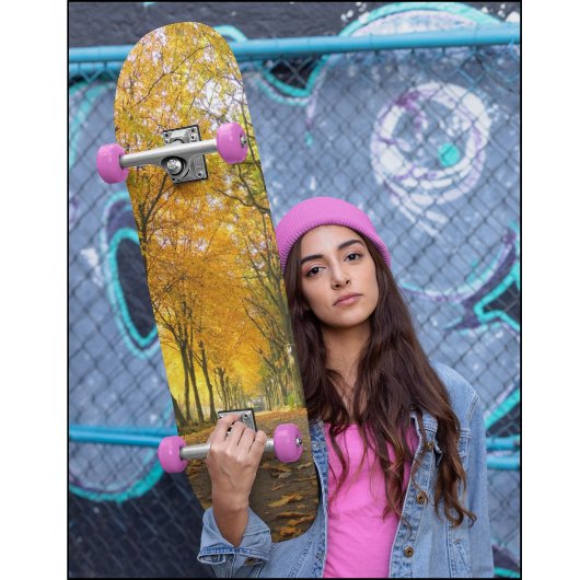 Skateboard Autumn path with yellow trees and leaves