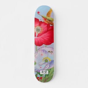 SKATEBOARD AVEC FLEURS JAPONAISES ET OISEAU HUMMIN