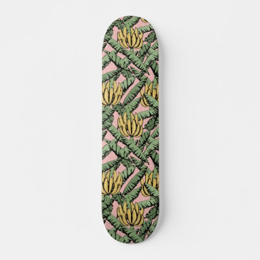 Skateboard Bananes et Feuilles roses tropicaux jaunes (Devant)