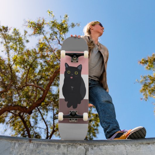 Skateboard Bandes colorées, dessin de chat noir (Extérieur 1)