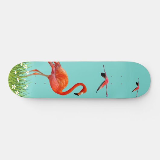 Skateboard Beaux Flamants roses sur bleu turquoise clair (Horz)