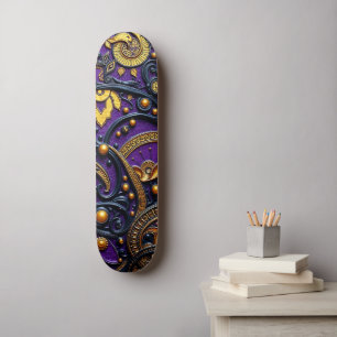 Skateboard Belle Florale Abstraite Violet Noir Or