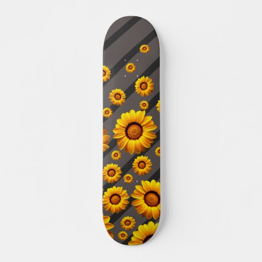 Skateboard Belles fleurs jaunes sur gris, rayures noires (Devant)