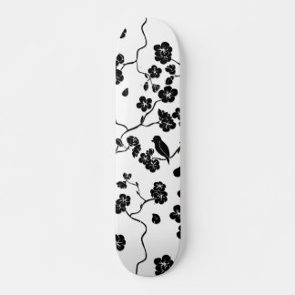Skateboard Black and White Pattern Birds on Cherry Blossoms