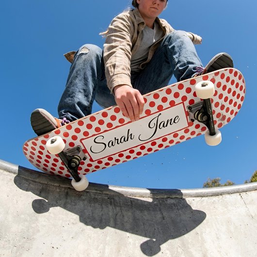 Skateboard Blanc classique Points rouges | Nom personnalisé