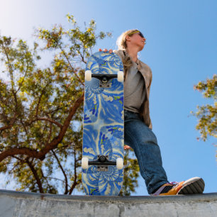 Skateboard Bleu bohème blanc mandala floral