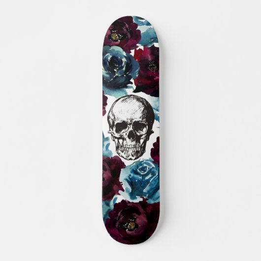 Skateboard Bleu Bourgogne Fleurs crâne GIrly Edgy (Devant)