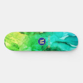 Skateboard Blue Teal Yellow Green Liquid Ink, Monogram & Nom (Horz)