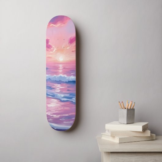 Skateboard Blush Ocean Sunset Waves Watercolor (Art mural)