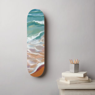 Skateboard Bord de l'océan Aquarelle de plage aux vagues bl