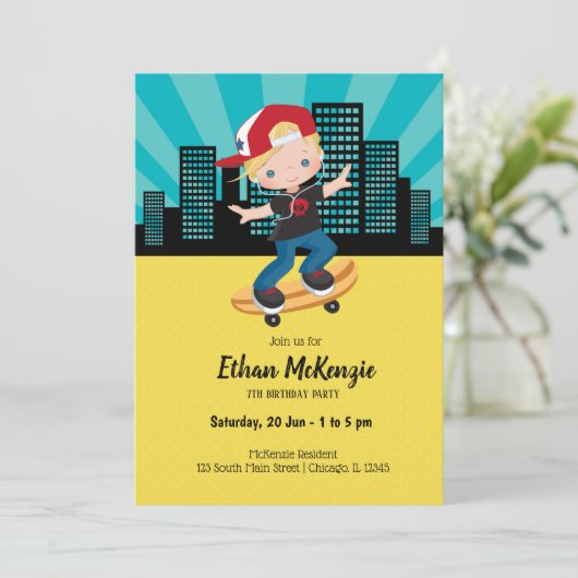 Skateboard boy - kies uw achtergrondkleur kaart (Staand voorkant)