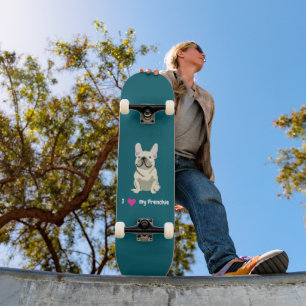 Skateboard Bulldog français crème, j'aime mon chien