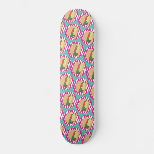 Skateboard Burger coloré rayures Motif rose Nom (Recto)