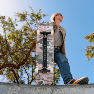 Skateboard Camouflage rose et gris Votre nom Personnalisez