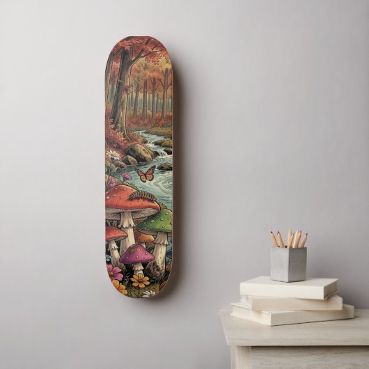 Skateboard Camper Rétro, Champignons, Ruisseau et Fleurs (Art mural)