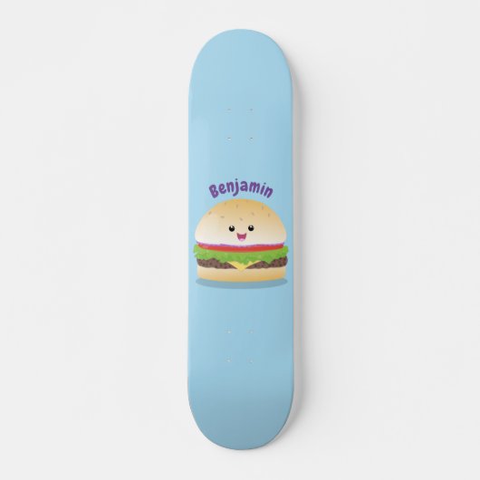 Skateboard Caricature de hamburger kawaii joyeux (Devant)