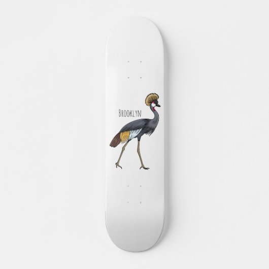 Skateboard Caricature d'oiseau de grue couronné gris (Devant)