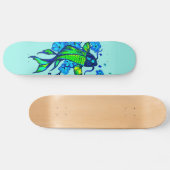 Skateboard Carpes Koï Vertes Fleurs Bleues (Horz)