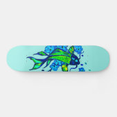 Skateboard Carpes Koï Vertes Fleurs Bleues (Horz)