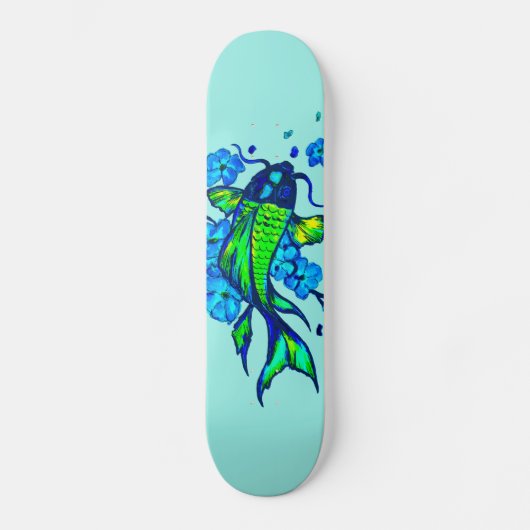 Skateboard Carpes Koï Vertes Fleurs Bleues (Recto)