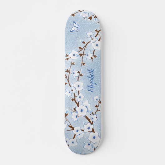 Skateboard Cerise Fleur Bleu Bleu Parties scintillant Nom Flo (Devant)