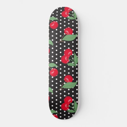Skateboard Cerise Rouge Fruit Feuilles Vertes Points Noirs Bl (Recto)